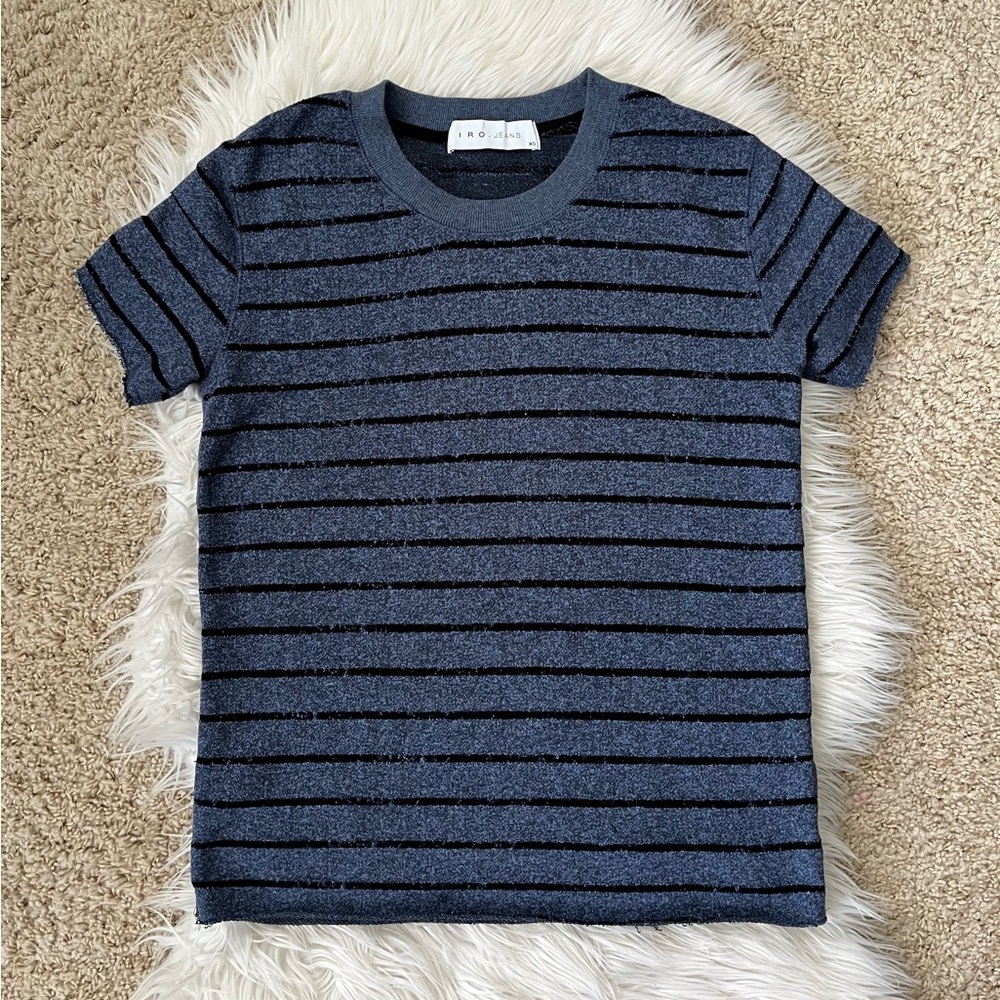 {IRO Jeans} Distressed Striped Short Sleeve Crewneck in Blue - Women's XS